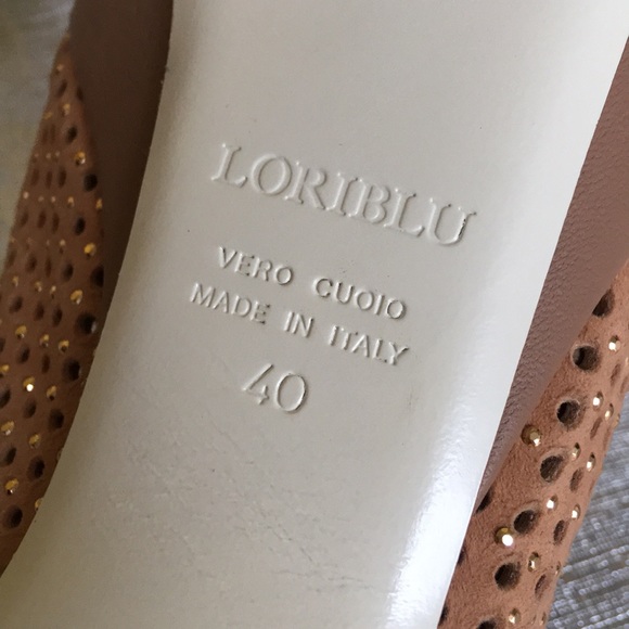 NWOT Loriblu Nude Leather Nubuck Studded Peep-Toe - Picture 8 of 8